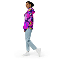 Unisex purple trip zip-up hoodie with all-over rave-inspired print, ideal for EDM festival outfits, by EDMFestieGear.com