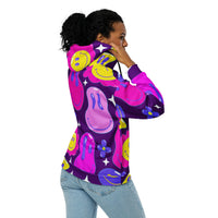 All-over white recycled unisex zip-up hoodie with purple trip print, perfect for EDM rave festival outfits.
