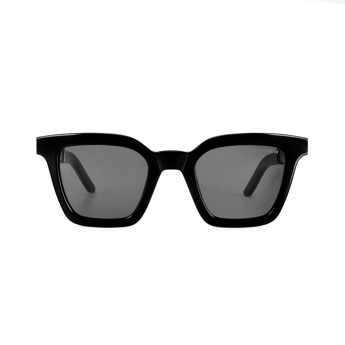 Black MASTER FLASH sunglasses with blue light lenses by EXCLUSIVE EYES, INC, featuring a sleek frame and modern design.