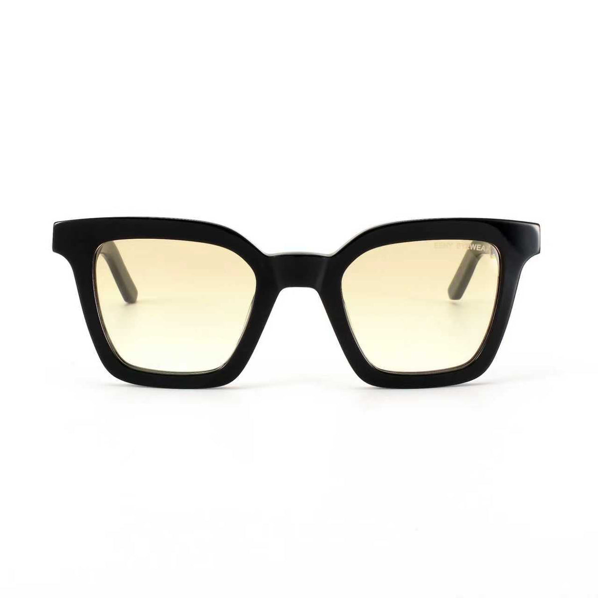 Black Master Flash sunglasses with blue light lenses by EXCLUSIVE EYES, INC, shown from the front view.