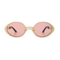 Pair of EXCLUSIVE EYES. INC diamond-shaped sunglasses with dark tinted lenses and sleek black frames.