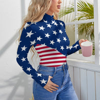 Festival Drip American flag star-spangled long sleeve bodysuit romper, stylish patriotic fashion onesie with star and stripe pattern.