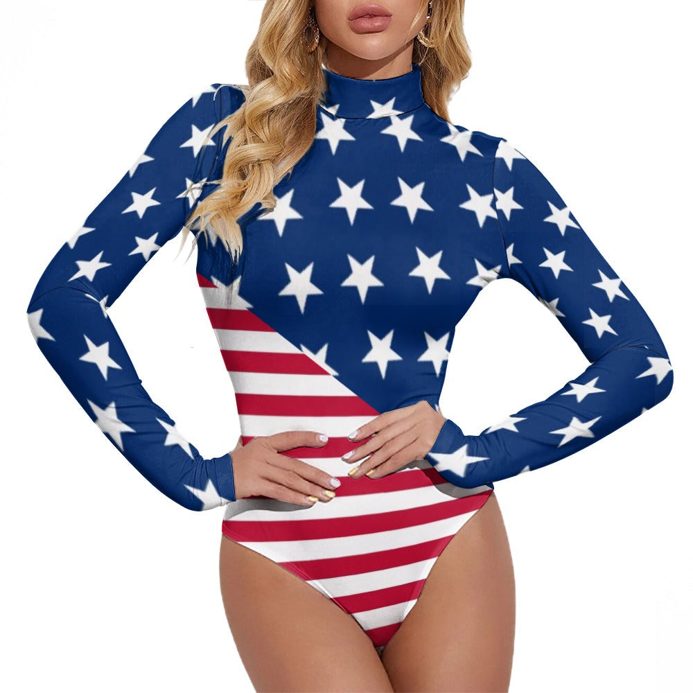 American Flag Star Spangled long sleeve bodysuit by Festival Drip, featuring patriotic star and stripe design, long sleeve, fitted style.
