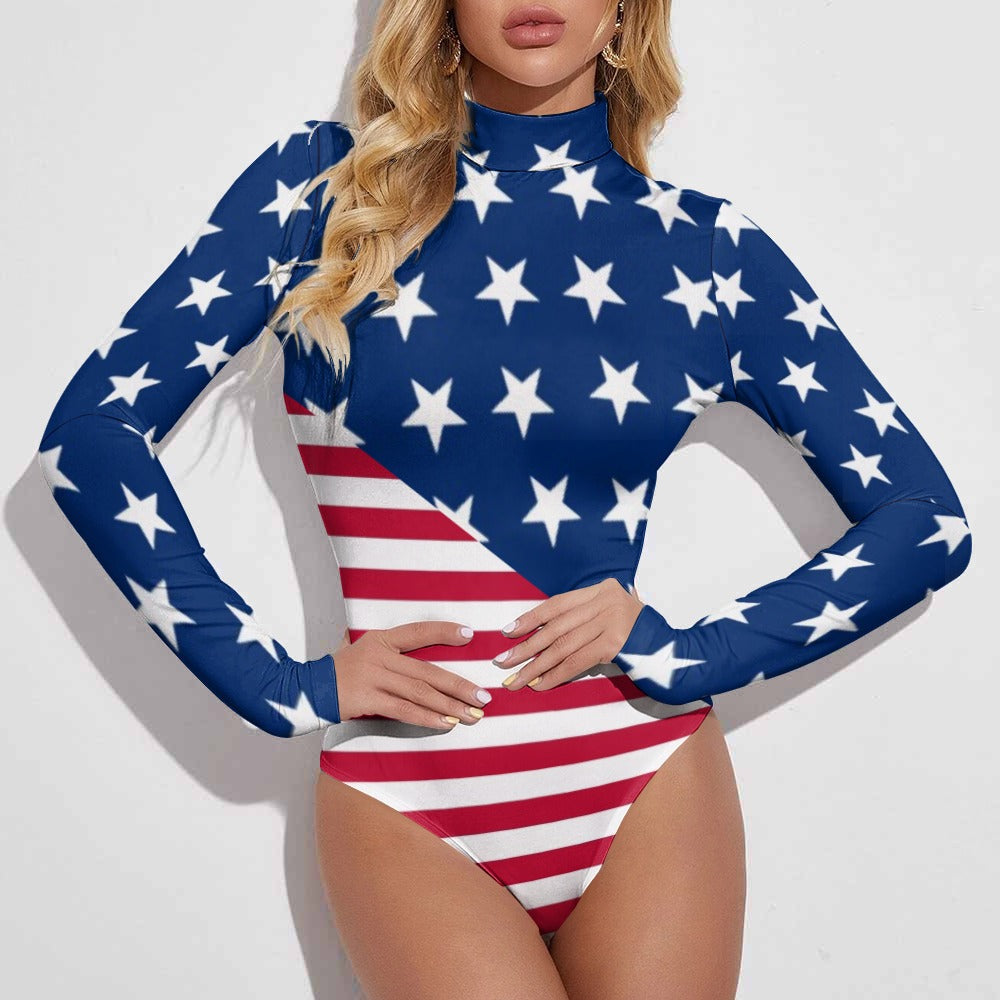 American flag star spangled long sleeve bodysuit by Festival Drip, featuring patriotic star and stripe design on a fitted romper.