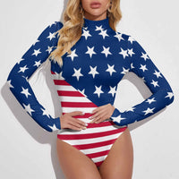 American flag star spangled long sleeve bodysuit by Festival Drip, featuring patriotic star and stripe design on a fitted romper.