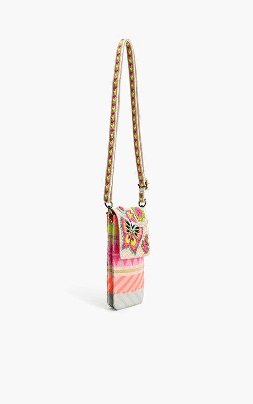 Colorful butterfly kaleidoscope cellphone bag with fluttering charm, designed as a trendy accessory by Fitkitty Culture for women.