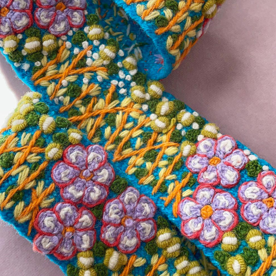 Windswept embroidered wool belt from Fitkitty Culture accessories, featuring detailed embroidery and soft wool fabric.