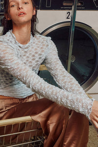 Alice blue see-through textured lace top from Fitkitty Culture women's clothing, perfect for yoga or casual wear.