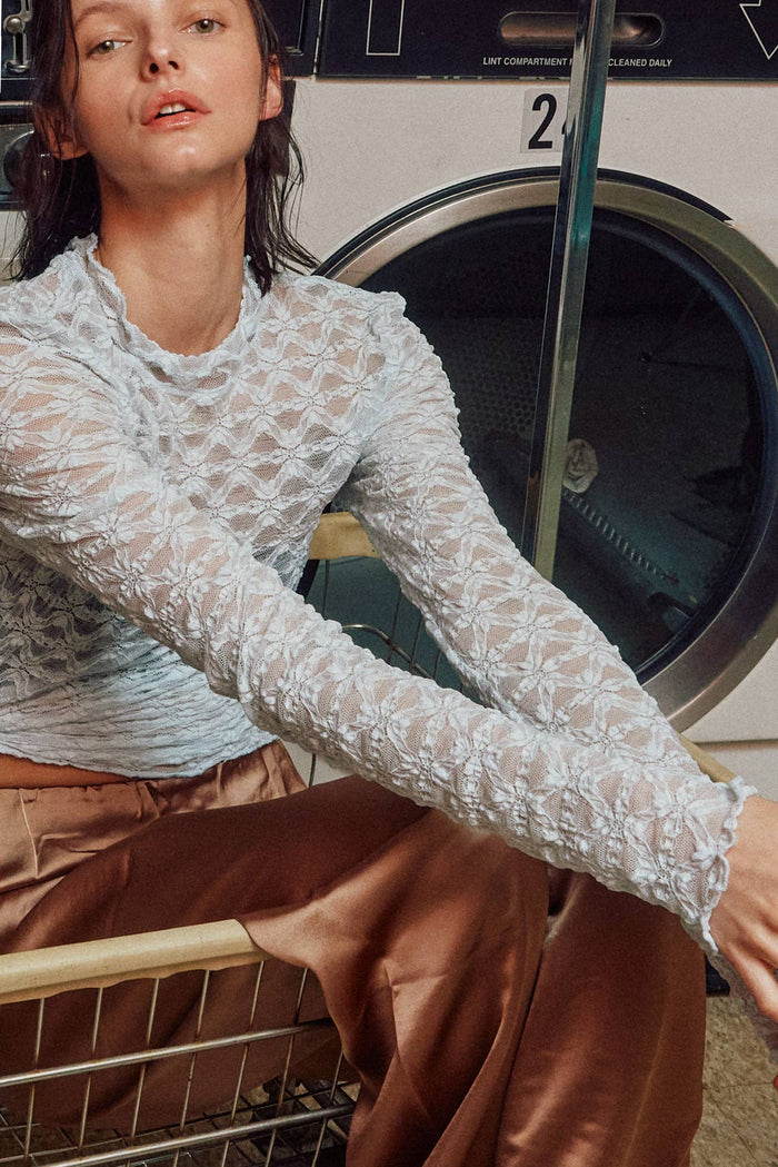Alice blue see-through textured lace top from Fitkitty Culture women's clothing, perfect for yoga or casual wear.