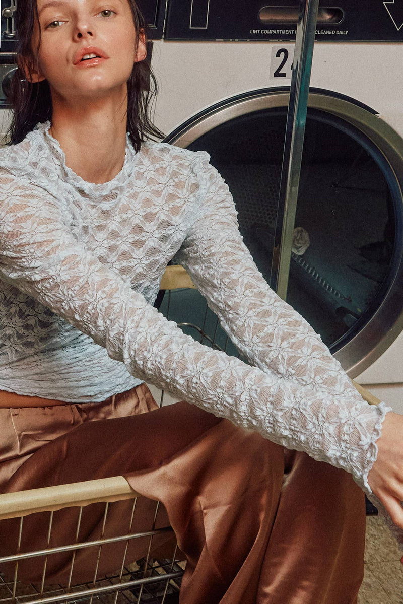 Alice blue see-through textured lace top from Fitkitty Culture women's clothing, perfect for yoga or casual wear.