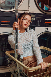 Alice blue see-through textured lace top from Fitkitty Culture women's clothing, stylish and breathable for casual or yoga wear.