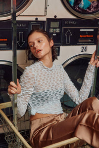 Alice blue see-through textured lace top from Fitkitty Culture women's clothing, stylish and breathable for casual or yoga wear.