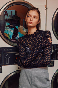 Alice blue see-through textured lace top from Fitkitty Culture women's clothing collection, showcasing intricate lace pattern.