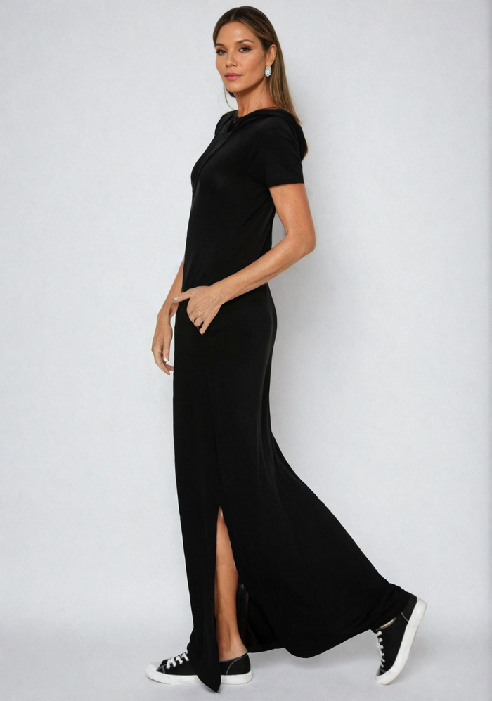 Black Luxe Lounge Hoodie Dress by Fitkitty Culture Athleisure Wear, stylish women’s casual clothing with a comfortable fit.