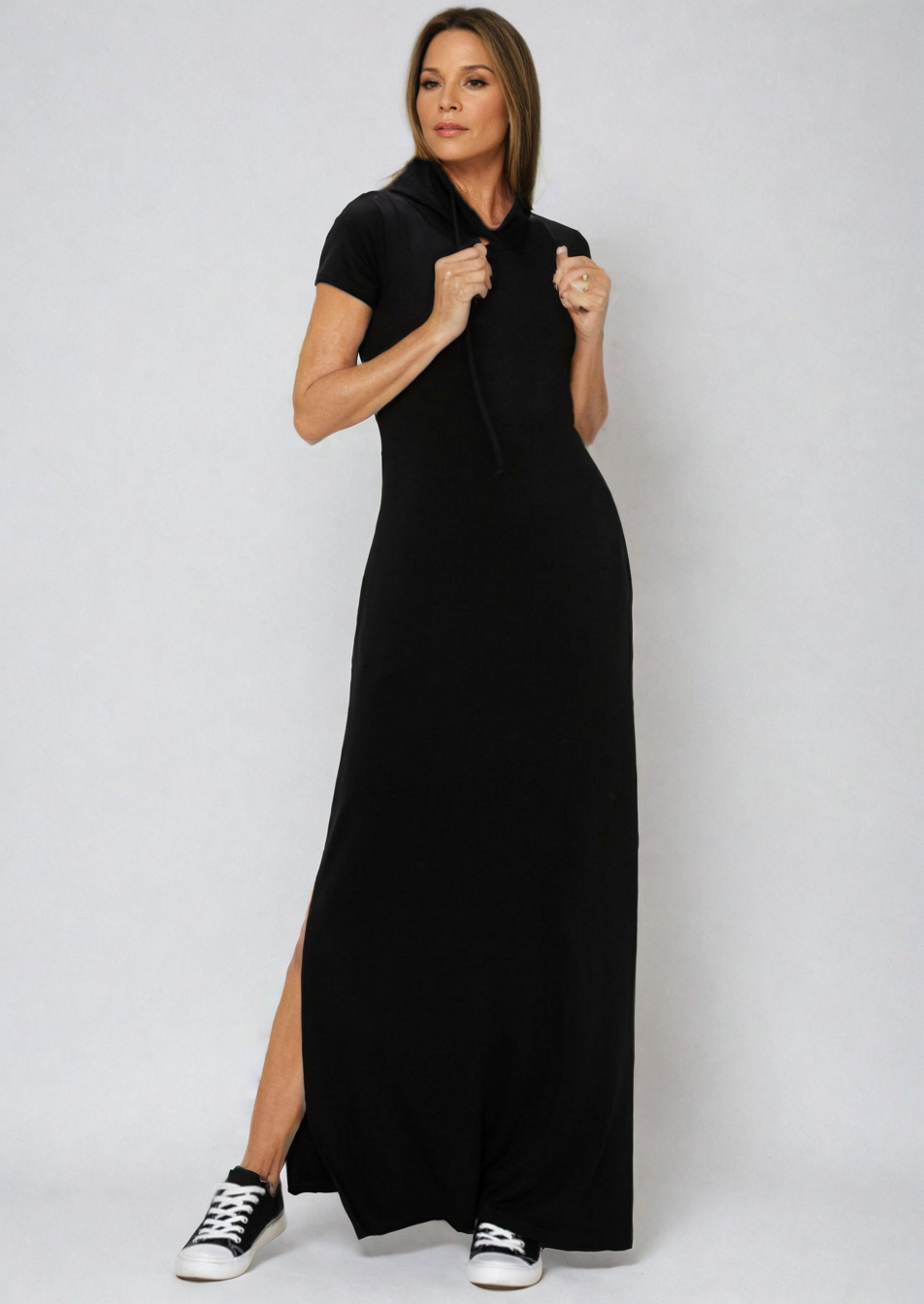 Black Luxe Lounge Hoodie Dress from Fitkitty Culture Athleisure Wear, stylish and comfortable women's clothing.