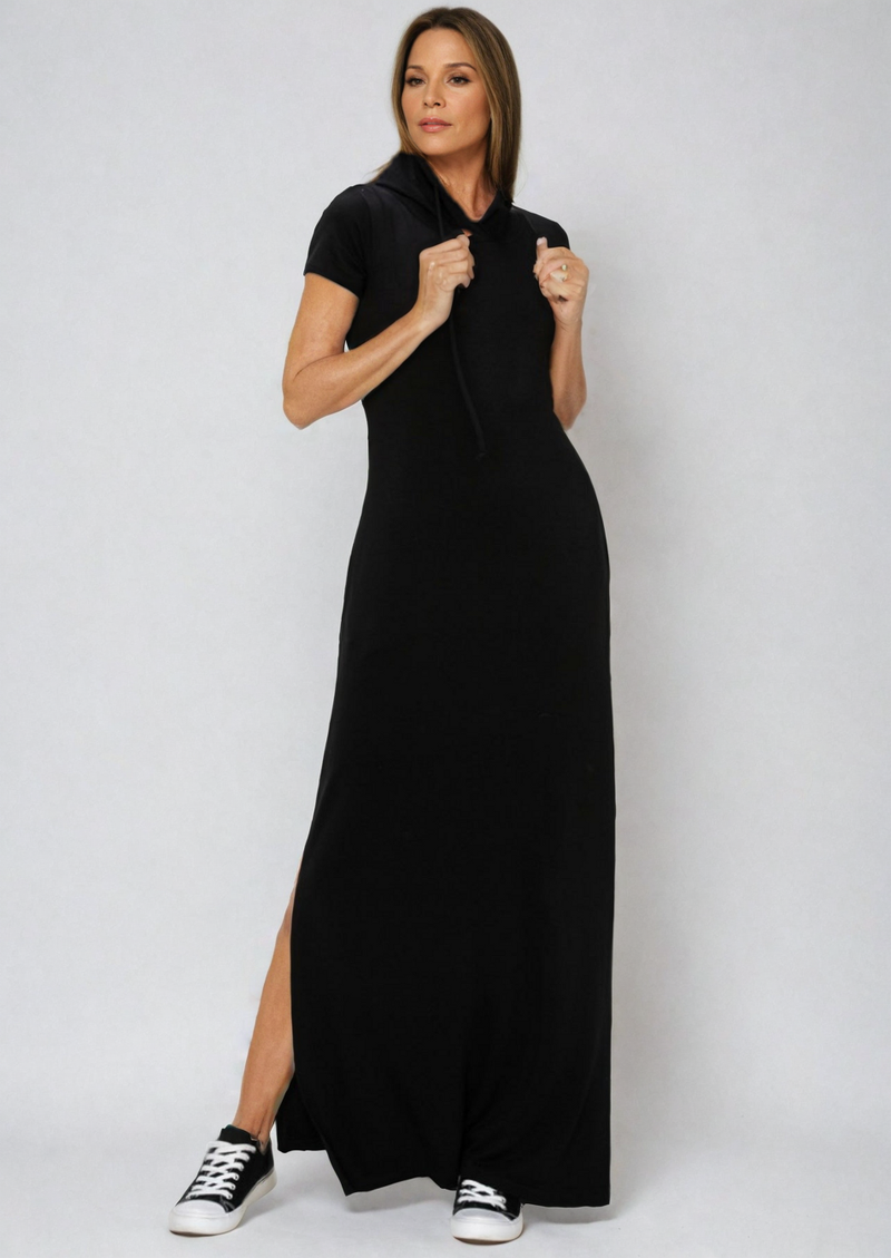 Black Luxe Lounge Hoodie Dress from Fitkitty Culture Athleisure Wear, stylish and comfortable women's clothing.