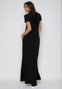Black Luxe Lounge Hoodie Dress from Fitkitty Culture Athleisure Wear, cozy women's casual clothing with a relaxed fit.