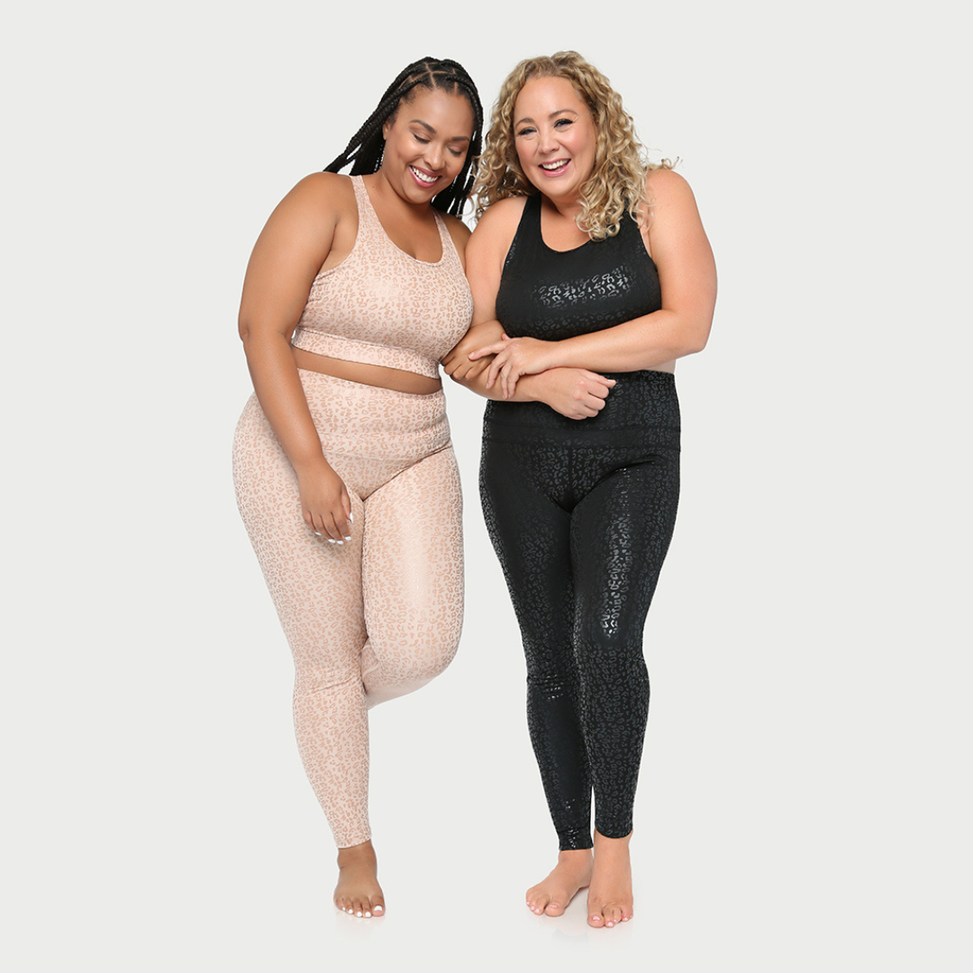 Black metallic cheetah print active leggings by Fitkitty Culture, designed for yoga and workout wear, fitted and stretchy.