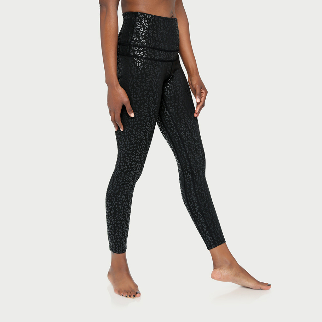 Black metallic cheetah print active legging from Fitkitty Culture, designed for yoga and active wear with a sleek, stretchy fit.