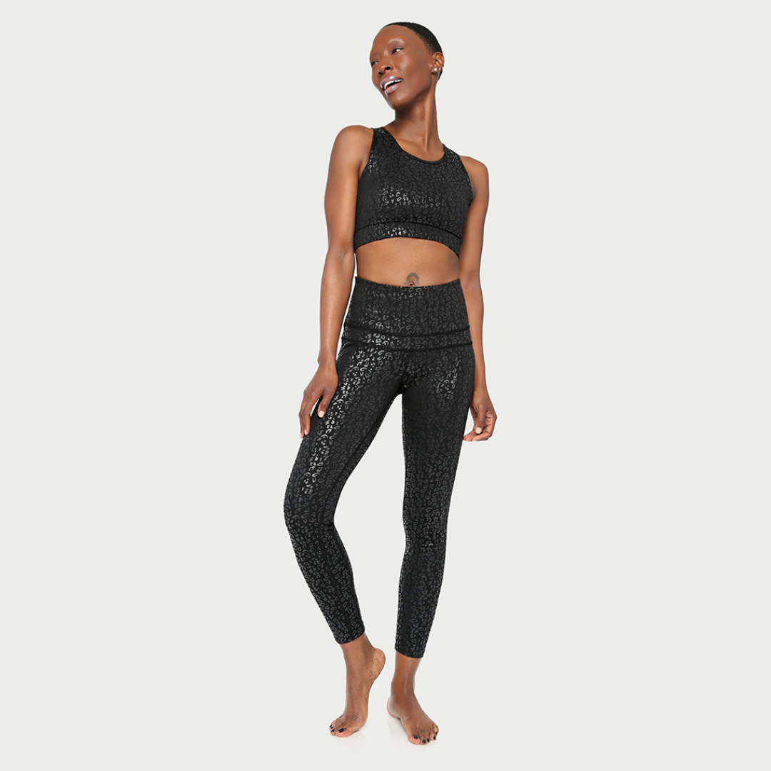 Black metallic cheetah print active leggings by Fitkitty Culture, designed for yoga and workout wear for women.