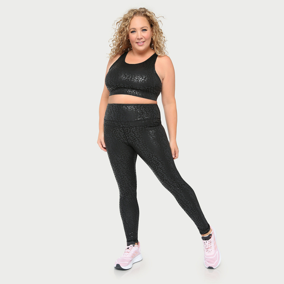 Black metallic cheetah print active legging by Fitkitty Culture, designed for yoga and athletic wear for women.
