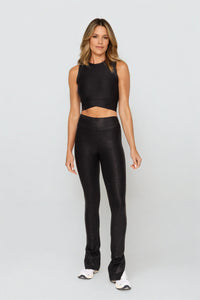 Black Luxe Edge leather-look crossover crop top by Fitkitty Culture for women, stylish and fitted for athleisure or casual wear.