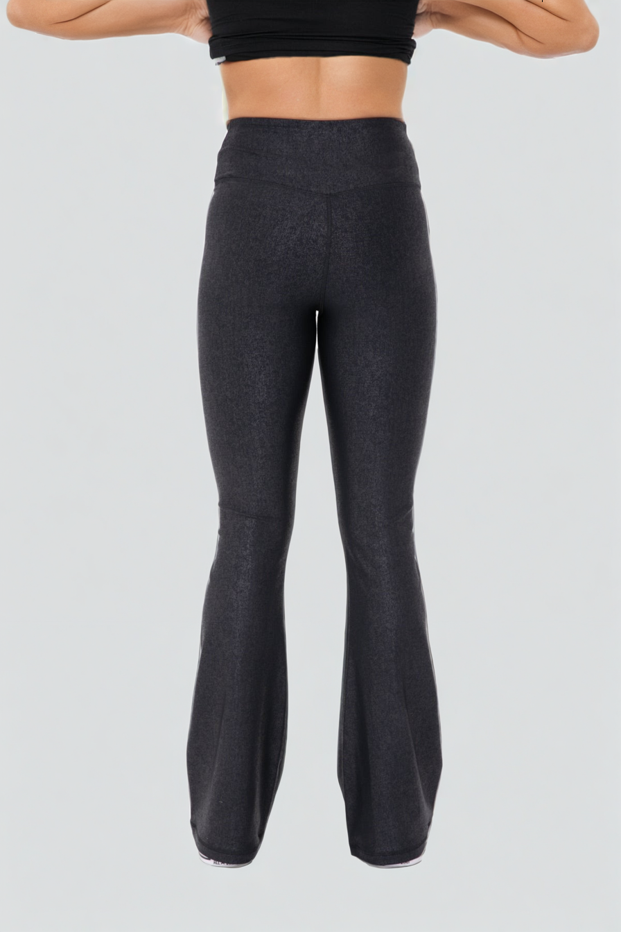Black Luxe Edge Leather-Look Crossover Flare Leggings by Fitkitty Culture Athleisure Wear, women's yoga and activewear.