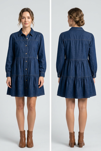 Blue denim Button Down Babydoll Ruffle Dress by Fitkitty Culture Women's Clothing, showcasing a stylish, casual denim dress with ruffle details.