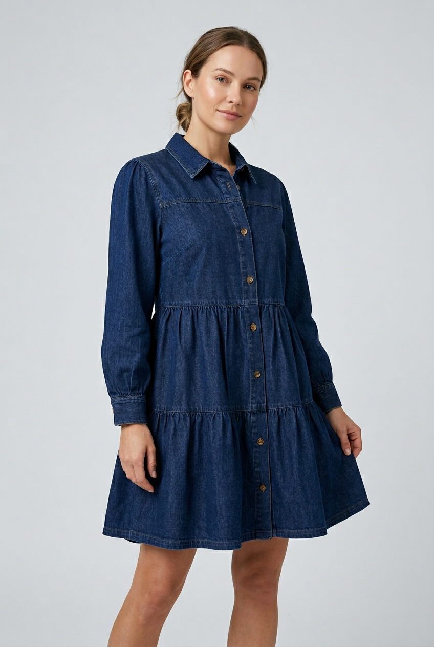 Blue denim button-down babydoll dress with ruffle details, made by Fitkitty Culture for women's casual and athleisure wear.