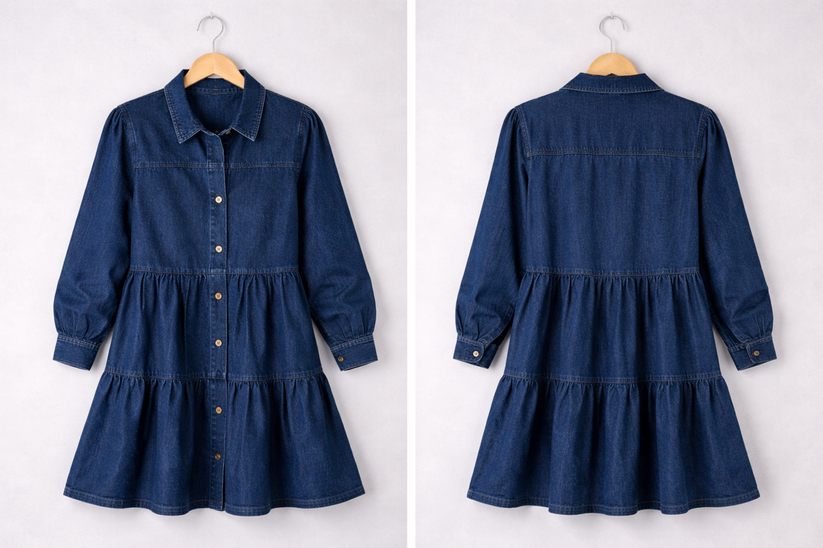 Blue denim button-down babydoll ruffle dress by Fitkitty Culture, women's casual clothing with a feminine, relaxed fit.