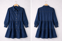 Blue denim button-down babydoll ruffle dress by Fitkitty Culture, women's casual clothing with a feminine, relaxed fit.