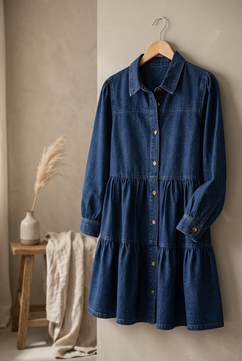 Blue denim button-down babydoll dress with ruffle details, stylish women's clothing from Fitkitty Culture Athleisure Wear.