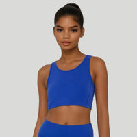 Blue Breathe Easy Cut-Out Back Sports Bra by Fitkitty Culture, made of Lycra® blend, designed for active women’s yoga and workout wear.