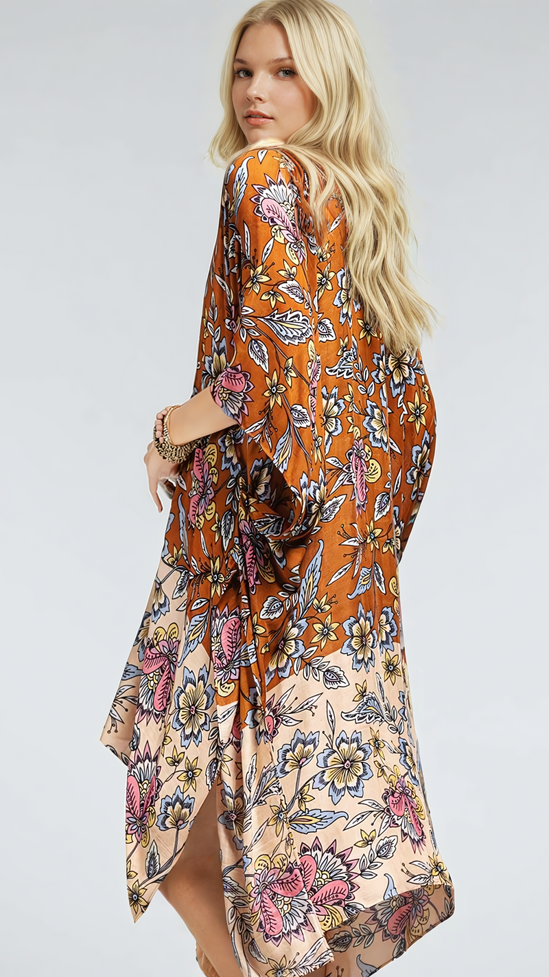 Bloom with Grace kimono from Fitkitty Culture Athleisure Wear, stylish women's clothing with floral design and flowy fabric.