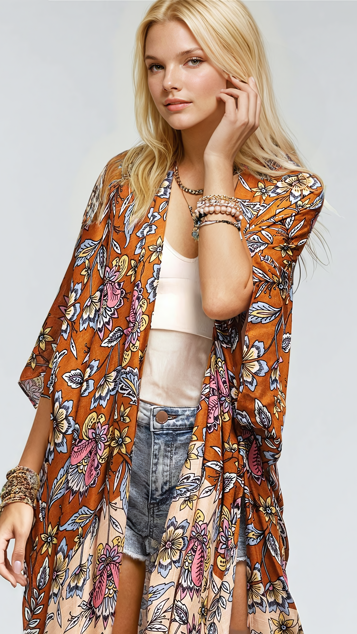 Fitkitty Culture Bloom with Grace kimono, stylish women's clothing, featuring flowy fabric and floral design for casual or yoga wear.