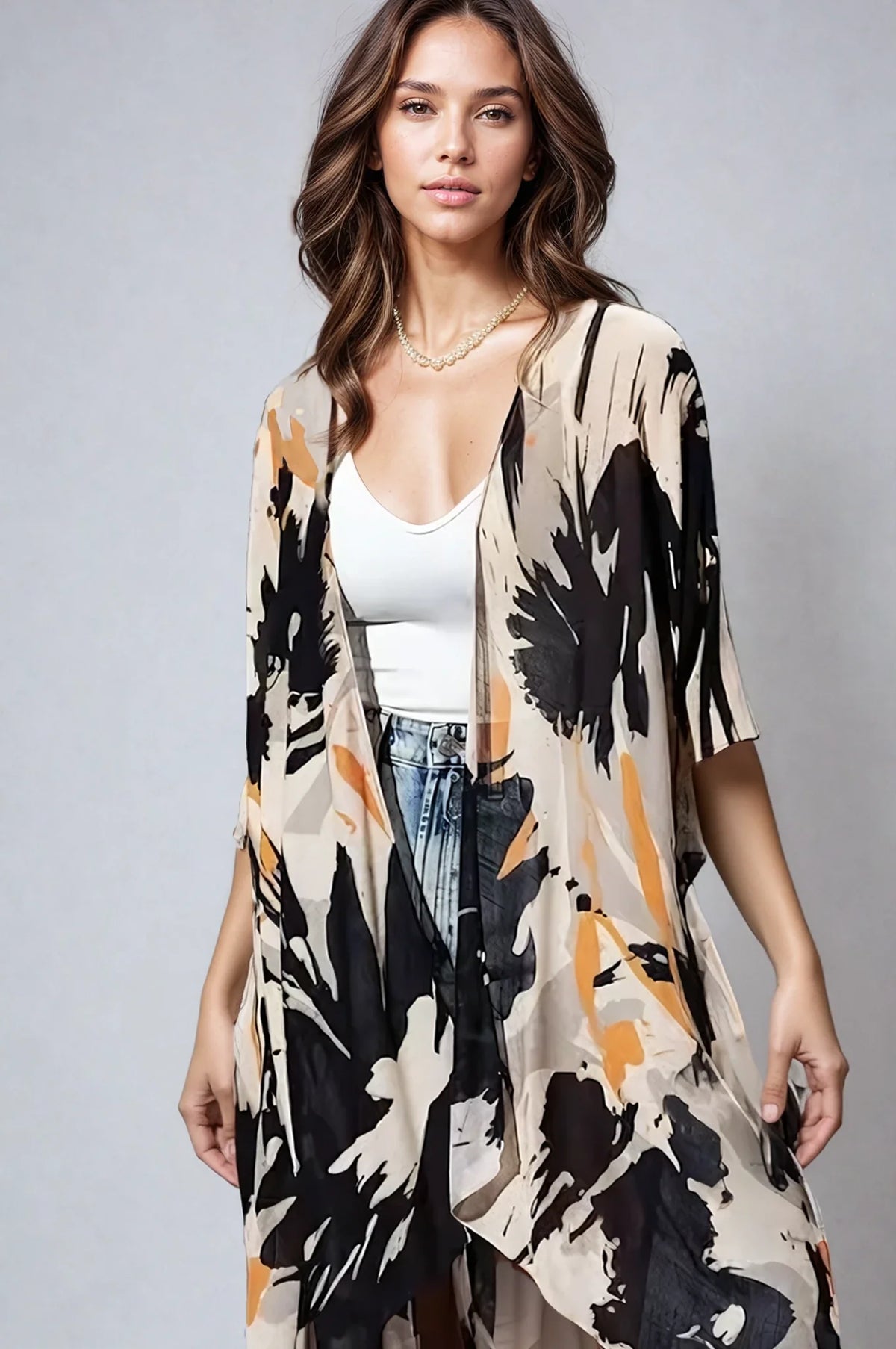 Ember Bloom Kimono by Fitkitty Culture, women's lightweight floral kimono with flowing sleeves and open front for casual wear