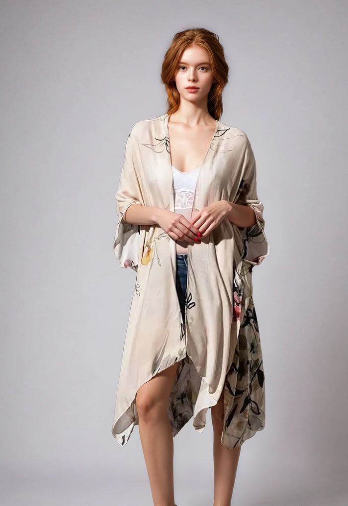 Fleur Serenity Kimono by Fitkitty Culture, lightweight women's clothing with floral print, front view of the stylish kimono.
