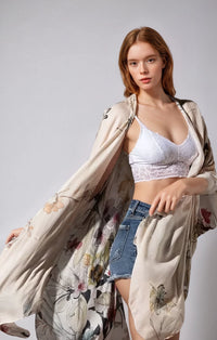Fleur Serenity Kimono from Fitkitty Culture Athleisure Wear, flowing floral-print women's clothing for casual or yoga wear.