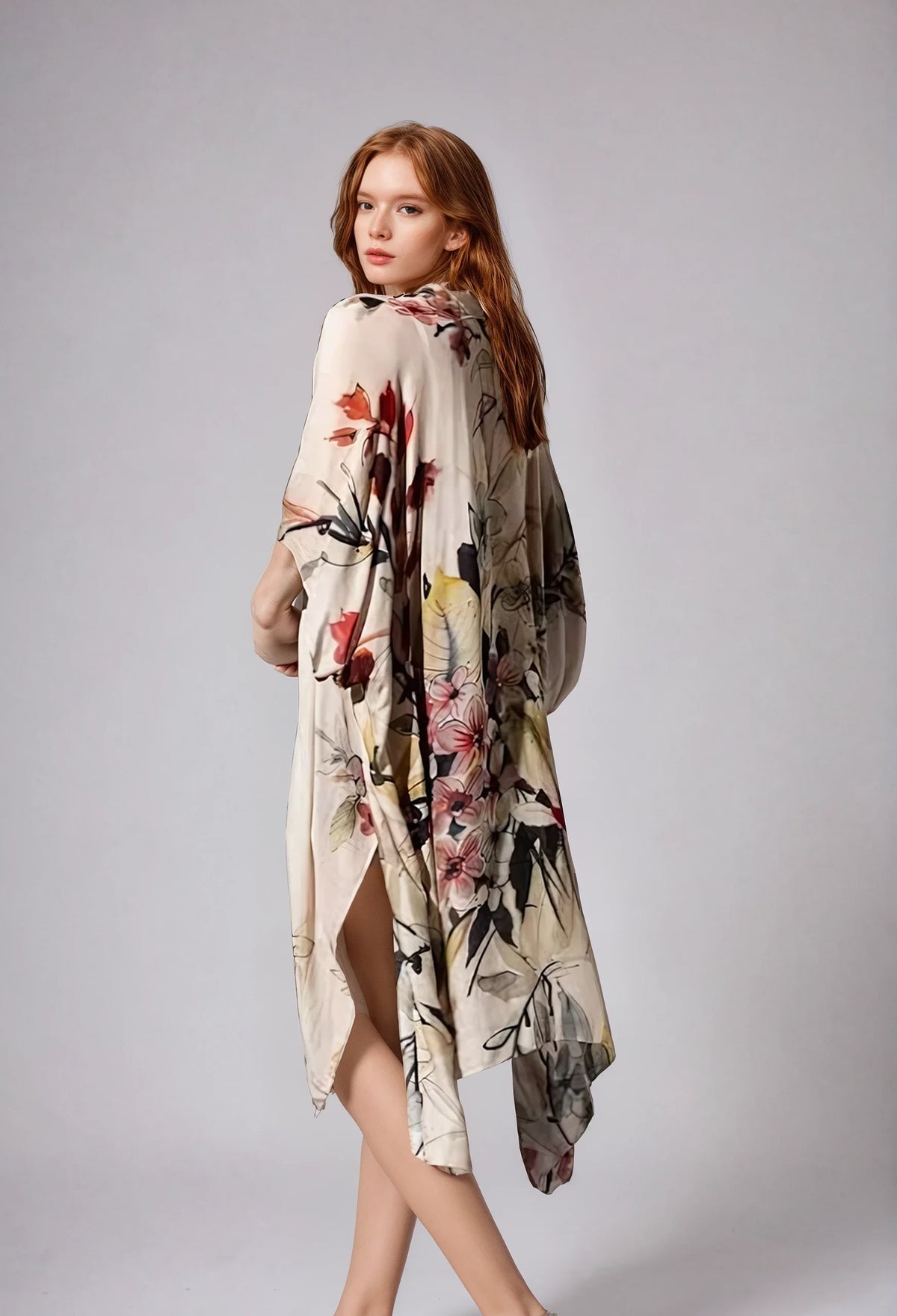 Side view of Fitkitty Culture Fleur Serenity Kimono, lightweight floral kimono for women, perfect for yoga and casual wear.