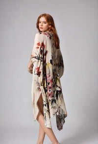 Side view of the Fleur Serenity Kimono by Fitkitty Culture, featuring lightweight fabric, floral design, and relaxed fit for women.