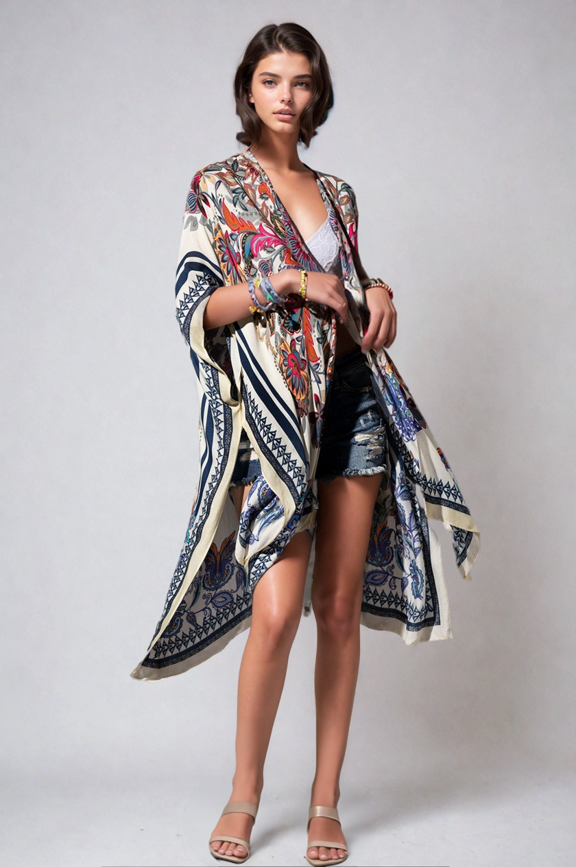 Mandala Bloom Kimono from Fitkitty Culture Athleisure Wear featuring vibrant floral mandala patterns in lightweight clothing.