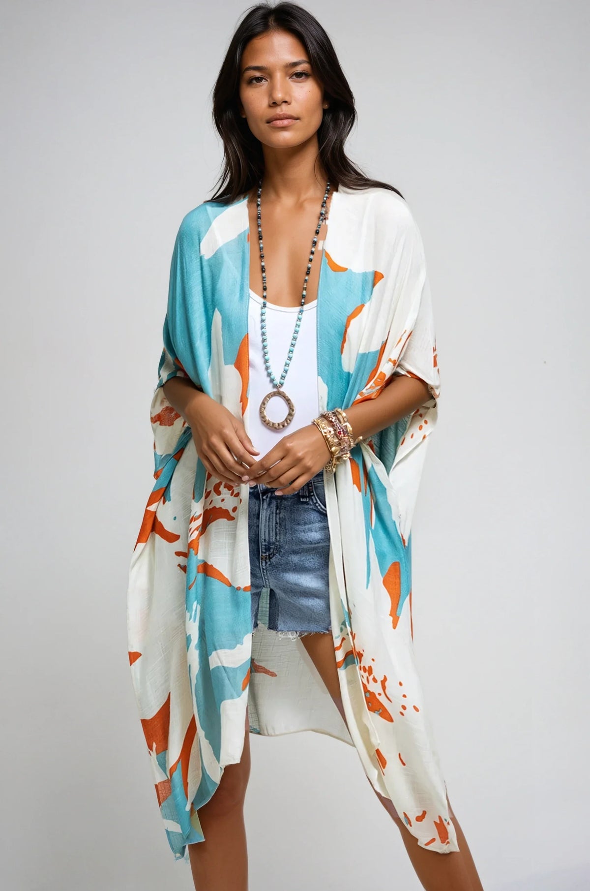 Aquamarine Ocean Bloom Kimono Wrap by Fitkitty Culture, lightweight women's clothing perfect for yoga or casual wear.