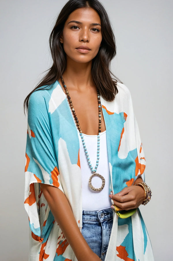Aquamarine Ocean Bloom Kimono Wrap from Fitkitty Culture Athleisure Wear, stylish women’s clothing for casual or yoga wear.
