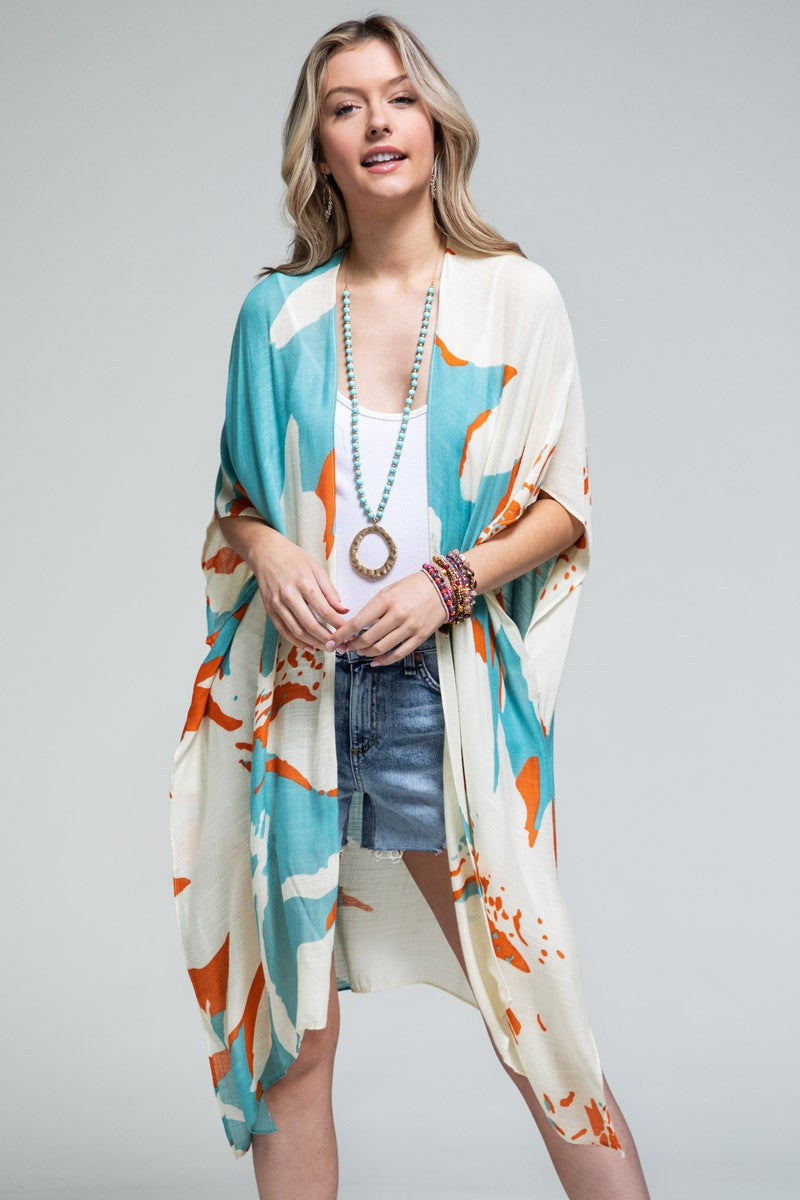 Aquamarine Ocean Bloom Kimono Wrap from Fitkitty Culture Athleisure Wear, stylish women's yoga and casual clothing.