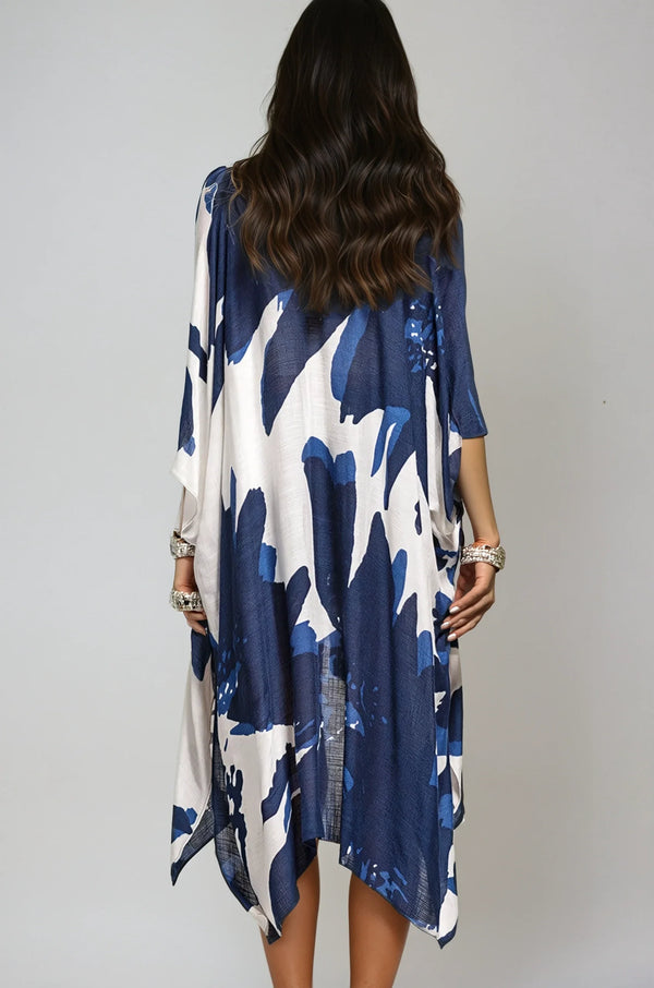 Navy Ocean Bloom Kimono Wrap by Fitkitty Culture, a stylish women's clothing piece with a floral design, perfect for casual or yoga wear.