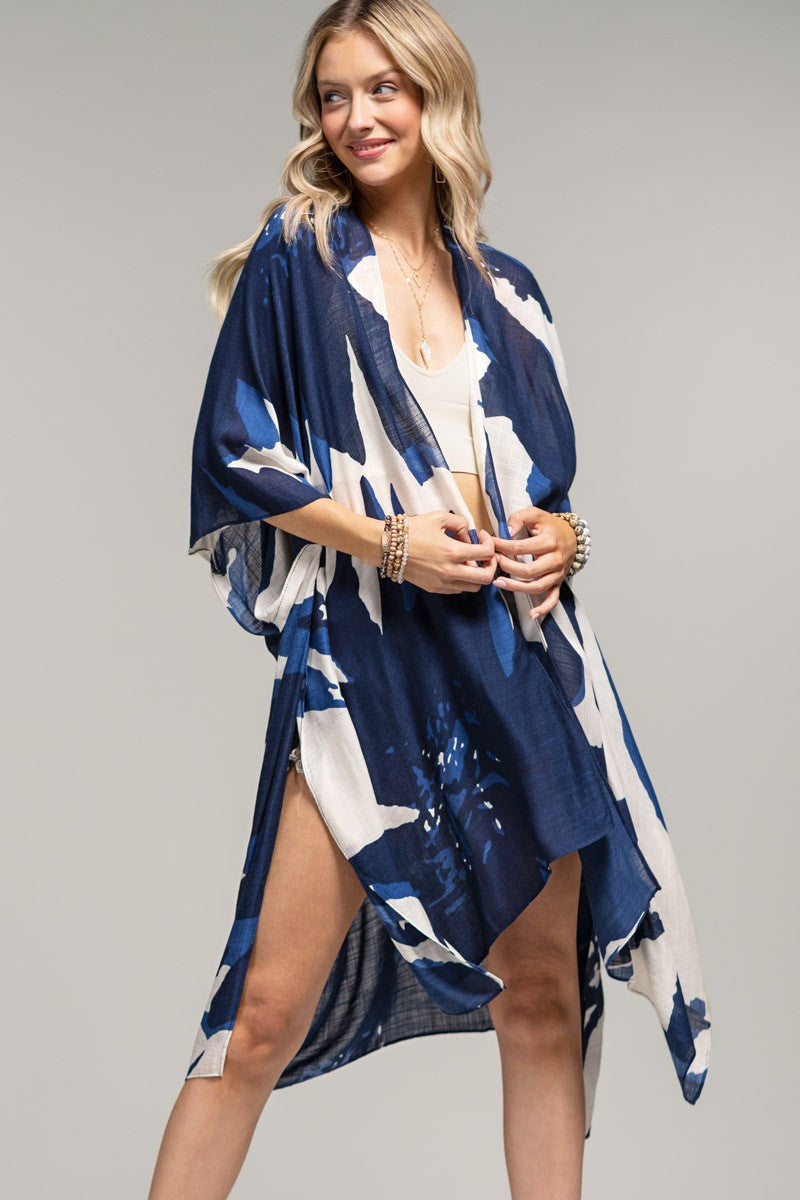 Navy Ocean Bloom Kimono Wrap by Fitkitty Culture, stylish women's clothing for yoga and casual wear, flowing and lightweight fabric.