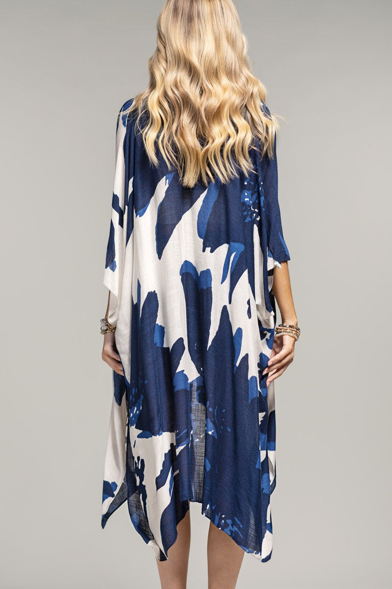 Navy Ocean Bloom Kimono Wrap by Fitkitty Culture, women's lightweight clothing perfect for yoga or casual wear.