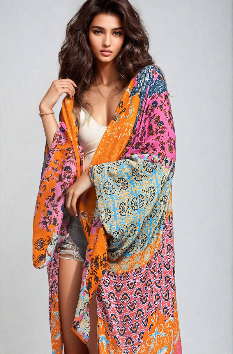 Fitkitty Culture Athleisure women's kimono with a flowing, patterned design, perfect for casual or yoga wear.