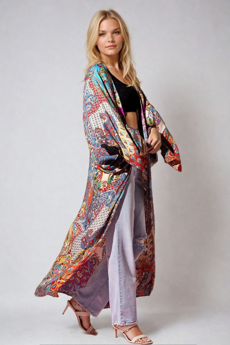 Wildroot Ethereal Duster Kimono from Fitkitty Culture women's clothing, lightweight, flowy kimono with intricate print and relaxed fit.
