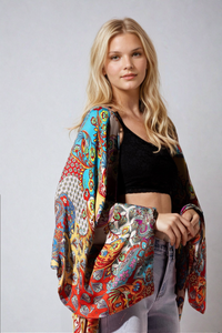Wildroot Ethereal Duster Kimono by Fitkitty Culture, lightweight women's clothing with flowing design and intricate pattern.